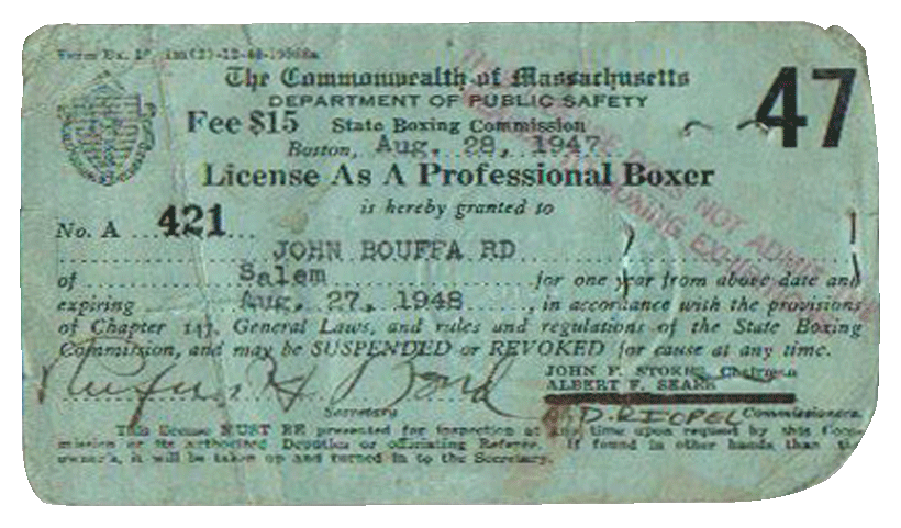 Carte de licence de Commission de boxe Salem Massachusetts